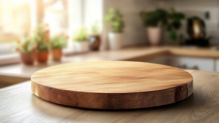Wooden Round Cutting Board in a Bright Kitchen