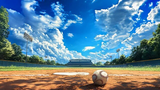 Baseball on a vibrant field under a cloudy blue sky capturing the essence of summer sports, 4k video