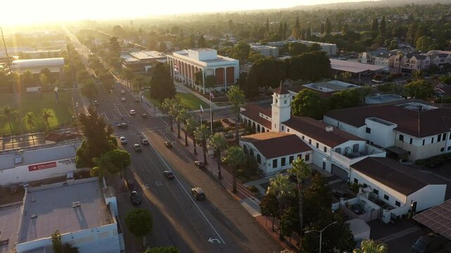 Sunset light shines on the historic downtown City Hall of Fullerton, California, USA.