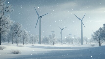 A winter scene where wind turbines operate amidst heavy snowfall. The turbines are coated with snow, yet continue to spin, illustrating their durability and effectiveness in harsh weather conditions.