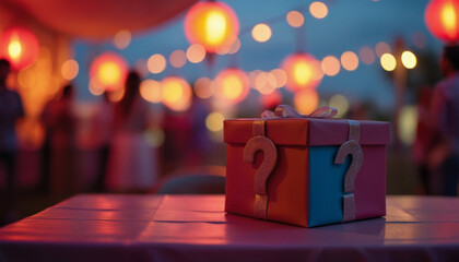 A box with a question mark on it sits on a table