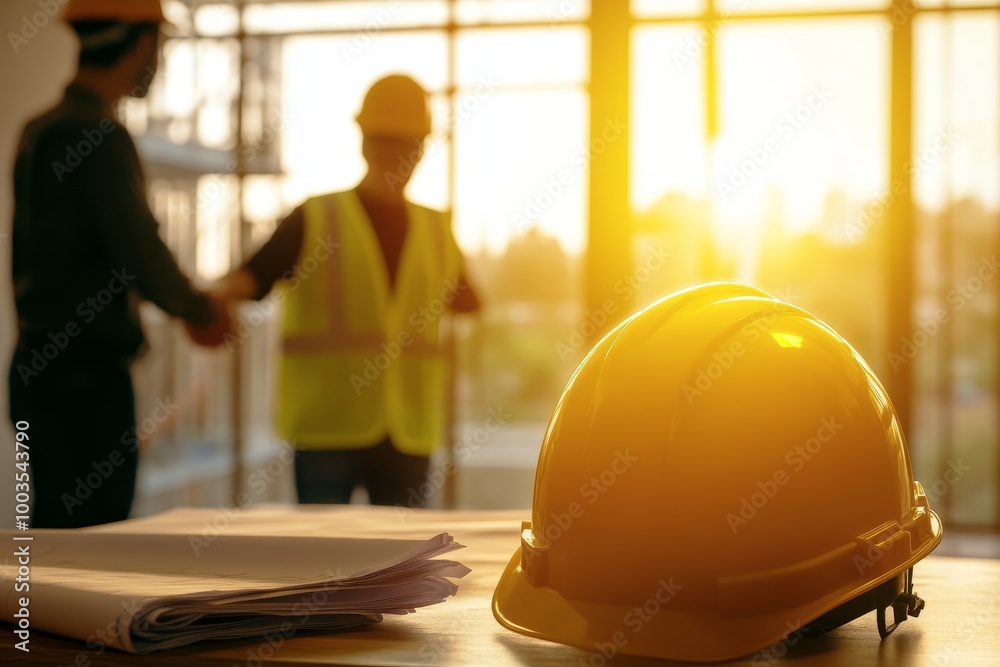 Poster yellow hard hat on a table with a stack of papers in front of it, two blurred construction workers i