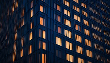 Illuminated modern building facade against dark night sky, highlighting dynamic urban architecture and vibrant city life