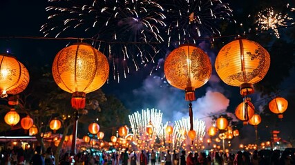 Lantern festival celebration with vibrant fireworks lighting up the night sky during cultural festivities, 4k video