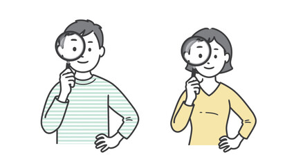虫眼鏡を持つ成人男女の上半身イラスト