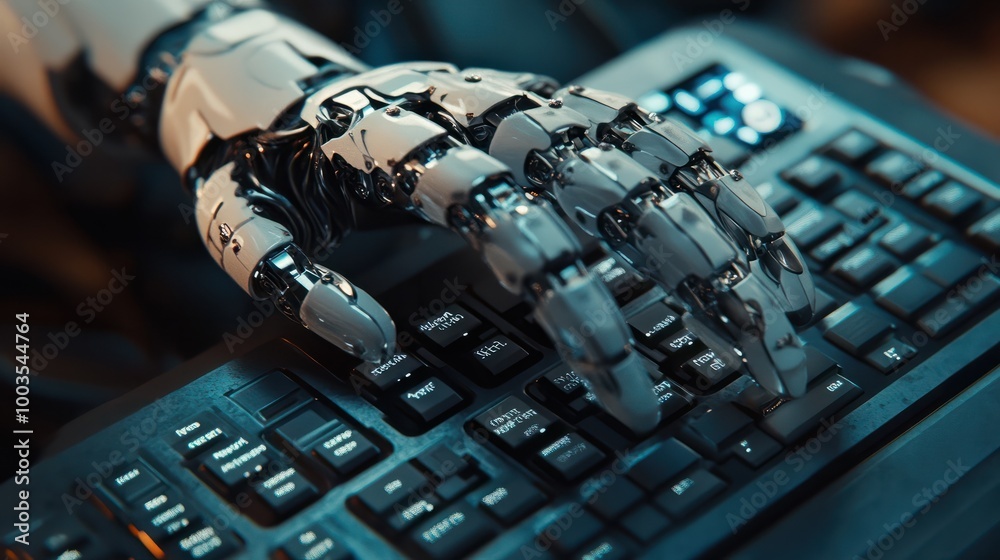 Poster artificial intelligence android robot hands writing text on compurter keypad.