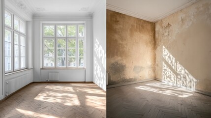 apartment before and after restoration or refurbishment, copy and text space, 16:9