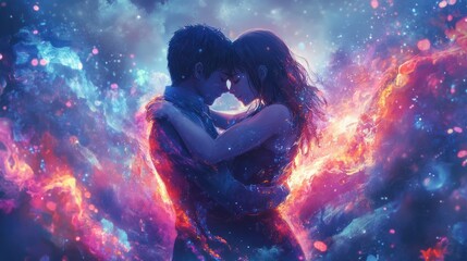 Obraz premium Anime couple hugging digital art, painting, anime, art, Graphics, backgrounds, anime characters, anime wallpapers, cartoon, couple, fantasy.Generative AI