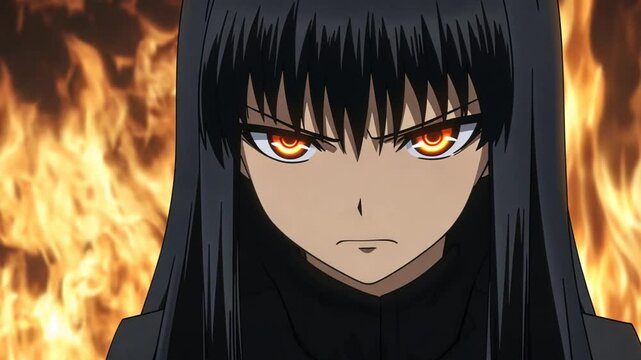 Intense Anime Character With Fiery Background and Glowing Eyes at Dusk Generative AI