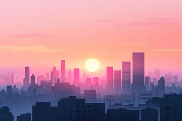 Fototapeta premium Vibrant Cityscape Silhouette at Dazzling Sunset over Urban Metropolis