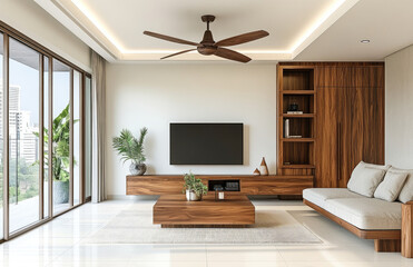 Modern minimalist style, living room with white floor tiles and a wooden TV cabinet, a balcony on the left side of the wall, a ceiling fan hanging from the top to the middle position. Created with Ai