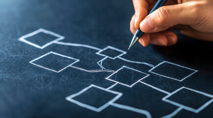 A consultant's hand drawing a flowchart on a blackboard, business flowchart, business strategy consulting.