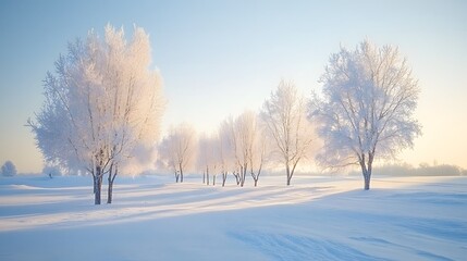 Fototapeta premium Frosty winter morning with snow-covered trees illuminated by gentle sunlight, creating a calm and quiet atmosphere. A serene winter landscape showcasing the natural beauty of the season