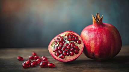 Fresh pomegranate cut in half, revealing juicy seeds beside a whole fruit on a rustic wooden surface, in warm natural light.