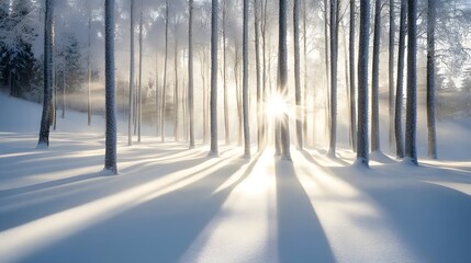 Naklejka premium Frosty winter morning with snow-covered trees illuminated by gentle sunlight, creating a calm and quiet atmosphere. A serene winter landscape showcasing the natural beauty of the season