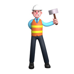 Male Design Professional in 3D. An architect stands holding an axe in his left hand while his right hand is behind his body. Architect Cartoon