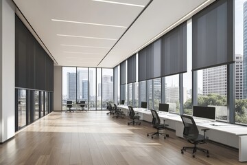 Modern office interior with large windows overlooking the city, featuring sleek desks and comfortable chairs.