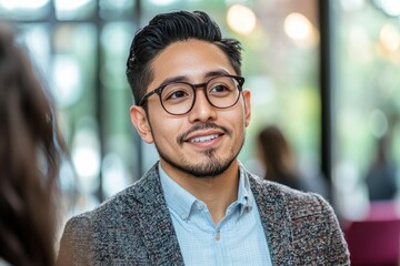 Obraz premium Young entrepreneur guiding a session on networking, participants practicing their elevator pitches with each other, Generative AI
