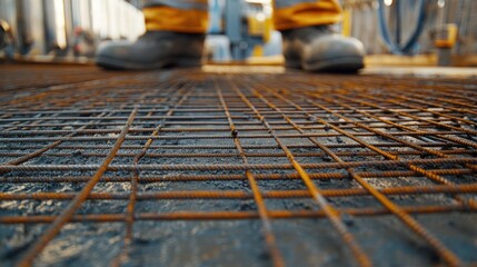 Wire mesh rebar grid ready for concrete pouring in the foundation of a skyscraper