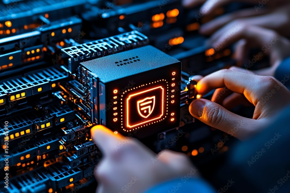 Poster A team of ethical hackers testing a corporate network, with glowing digital firewalls and security systems, and hackers analyzing vulnerabilities