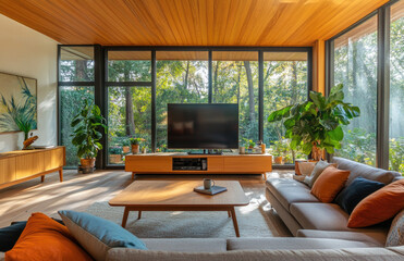 A large living room with modern furniture, large windows overlooking the forest, and a TV mounted on the wall. Created with Ai