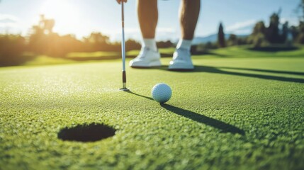 Golfer finishing up a round, putting the ball towards the hole on the green, aiming with precision on a sunny day.