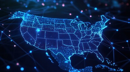 Blue abstract digital map of America with lines and dots. Suitable for travel, navigation, cartography, geography, cyber technology concepts, data transfer and business information network