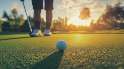 Golfer making the final putt, the ball slowly rolling toward the hole on the green, with the flagstick in the background.