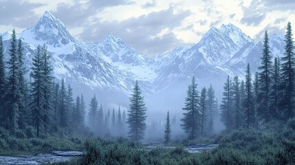 Fototapeta premium Serene Mountain Landscape with Pine Trees and Fog