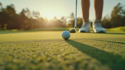 Golfer putting on a green course, focusing on the hole with perfect form as the ball rolls gently towards the target.