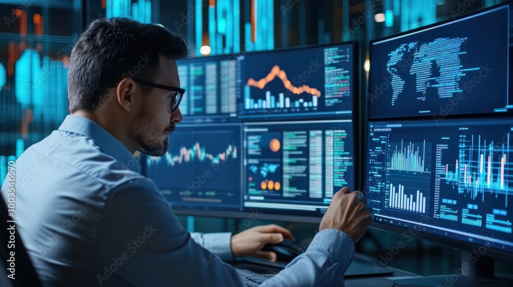 Poster business analysts use computers and dashboards for data business analysis and data management system