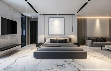  Modern-style bedroom with a white marble floor featuring gray and black veins. The TV wall is on the right side of the bed. Created with Ai