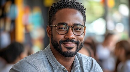 A smiling man with glasses seated in a casual environment, conveying warmth and approachability.