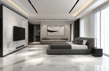  Modern minimalist style, with white marble floor tiles and gray-black stone wall panels. A TV is placed on the right side of the bedroom. Created with Ai