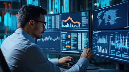 Business analysts use computers and dashboards for data business analysis and Data Management Systems with KPIs and metrics connected to the database for technology finance, operations, sales, and