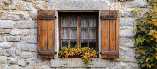 A rustic wooden window with shutters and flower box on a stone wall.
