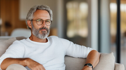 A 45-year-old man sitting in a modern living room, leaning back on a stylish sofa. The room is elegantly decorated with contemporary furniture, natural light streaming in through l