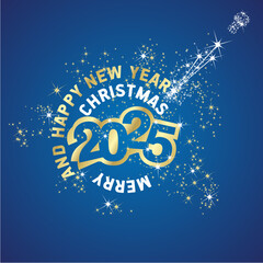 Merry Christmas and Happy New Year 2025 circle shape. Stardust sparkle firework. Gold white blue vector logo greeting card