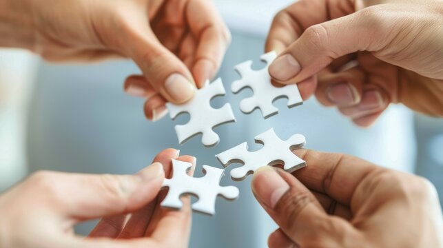 A group of diverse hands holding colorful puzzle pieces that fit together perfectly, symbolizing the idea that each person's unique qualities can contribute to an overall whole or team success