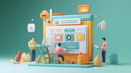 Web UI UX Design Teamwork concept 3D illustration. Team People Building Creating website User interface Front view. 