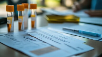 Lab equipment and documents on a table, likely related to medical testing or research.