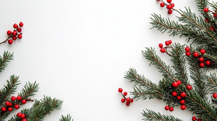 Festive christmas flatlay with spruce branches and red berries on white background, perfect for holiday greetings and seasonal designs