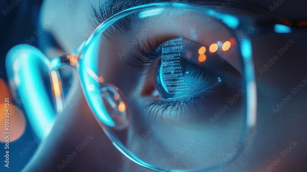 Poster close up eye with glasses, coding reflective glasses, programmer use ai to help with work in office