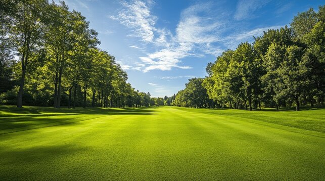 Idyllic golf course landscape featuring a long fairway, lined with trees and green grass, under a bright blue sky.
