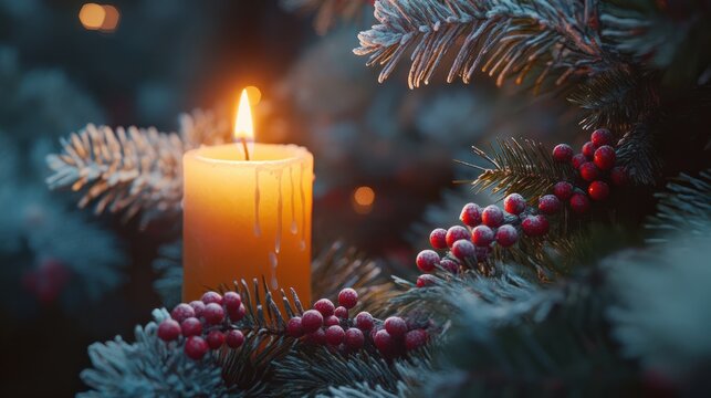 Close up of a candle in a spruce tree with berries
