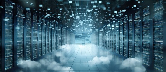 Server Room with Cloud Computing Data Visualization