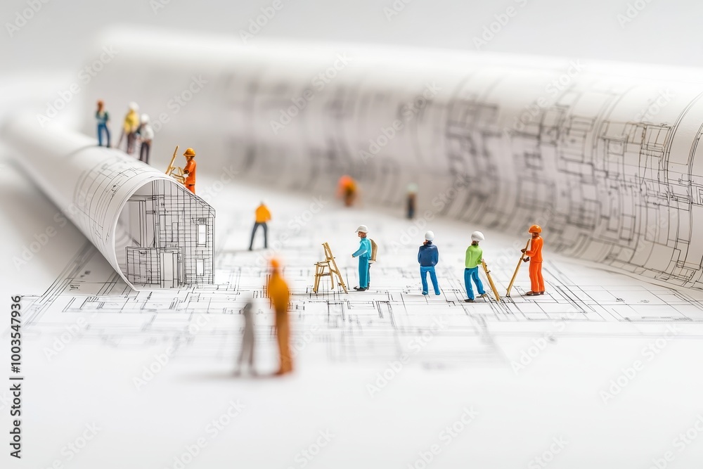 Poster Miniature construction workers standing on a blueprint with a rolled up blueprint in the background.