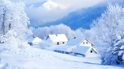 Snow-covered rural cottages with distant mountains on a foggy winter morning. A tranquil and serene countryside landscape, highlighting the stillness and beauty of nature
