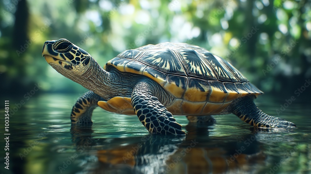 Wall mural Sea turtle crawling on sandy beach during daylight near lush green vegetation in a tropical location