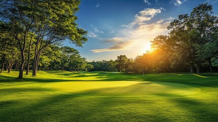 Obraz premium Lush green golf course fairway under a sunny sky, surrounded by trees and rolling hills. Idyllic landscape for golf lovers.